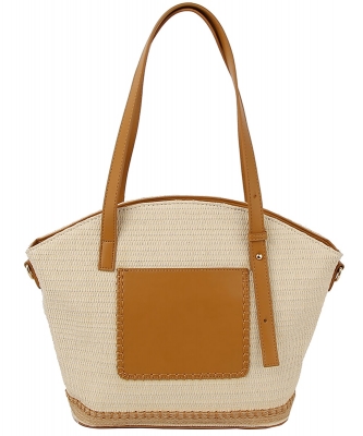 Straw Frong Pocket Satchel Tote Bag LQ337-Z BROWN